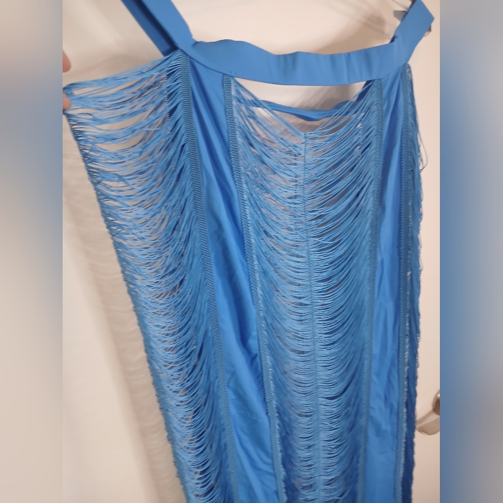 PrettyLittleThing Bright Blue Fringe High Rise Pull On Maxi Skirt 22 New! - Picture 8 of 14